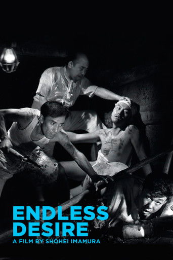 The poster depicts a dramatic scene with a man and woman in a tense, intimate pose, illuminated by dramatic lighting against a dark background. The film's title, "Endless Desire," is prominently displayed in bold blue text, conveying a sense of passion and intensity. The overall mood is one of su...