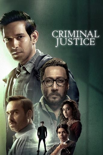 The poster features a gritty, moody scene with a central man in glasses and a beard, flanked by two other characters in a somber, tense atmosphere. The muted green and gray tones evoke a sense of mystery and danger, while the title "Criminal Justice" stands out in bold, white letters against the ...