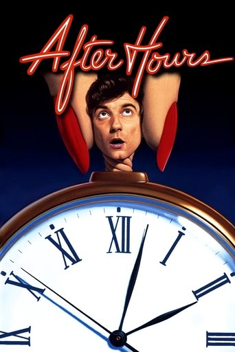 The poster features a man with a startled expression, his arms raised in a dramatic pose against a dark blue background. The title "After Hours" glows in neon red above him. A large clock dominates the lower section, with Roman numerals and a classic design. The overall mood is mysterious and sus...