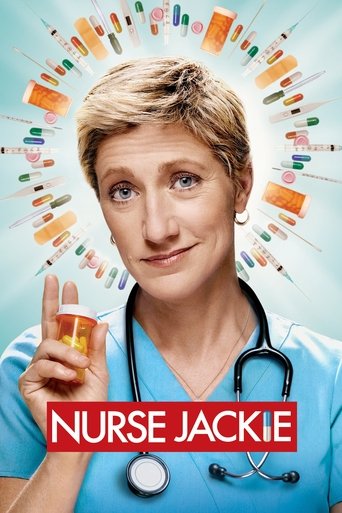 The poster features a cheerful nurse Jackie with a stethoscope around her neck, holding a pill bottle. Her blonde hair and bright blue eyes convey a friendly, approachable mood. Surrounding her are colorful pills and medical symbols, emphasizing the show's focus on healthcare and wellness. The vi...