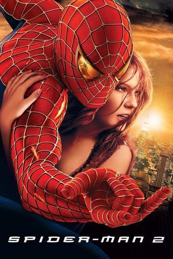 Spider-Man 2's vibrant red and blue suit, with a golden eye, frames a tender moment between a man and woman against a warm sunset backdrop. The film blends action and romance, capturing the emotional depth of the characters.