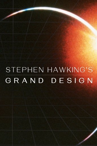 The poster features a cosmic scene with a glowing orange planet and a curved black space background. The title "Stephen Hawking's Grand Design" is displayed in bold white text. The mood is mysterious and scientific, evoking wonder and the vastness of space.
