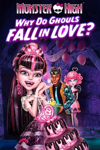 The poster features a glamorous Monster High character with pink hair and a cake, surrounded by other characters in colorful outfits. The dark purple background with glowing pink hearts adds a mysterious and romantic atmosphere. The title is bold and eye-catching, promising a fun and engaging sto...