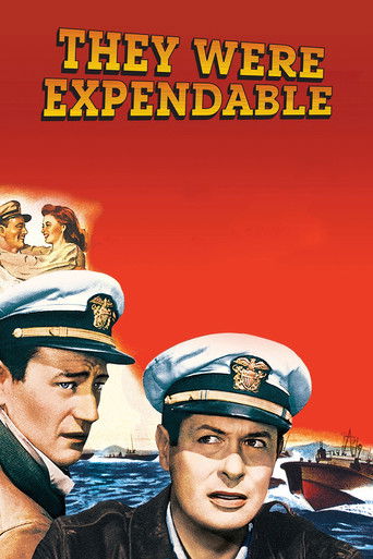 The poster features two naval officers in uniform against a vibrant red background, evoking a sense of urgency and camaraderie. The title, "They Were Expendable," is prominently displayed in bold, golden letters, suggesting a thrilling adventure.