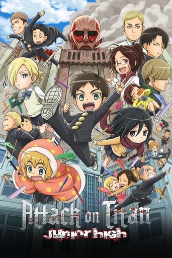 This anime poster features a dynamic group of characters in vibrant colors against a dramatic sky backdrop. The central figure stands confidently, surrounded by diverse characters in action poses, creating an energetic and adventurous atmosphere. The title "Attack on Titan: Junior High" is promin...