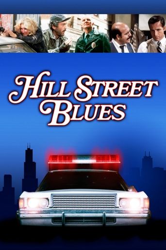 The poster features a classic police car with flashing lights against a blue cityscape backdrop. Above, four characters in period attire suggest a gritty, noir-era setting. The title "Hill Street Blues" is elegantly written in white script, evoking a sense of mystery and storytelling.