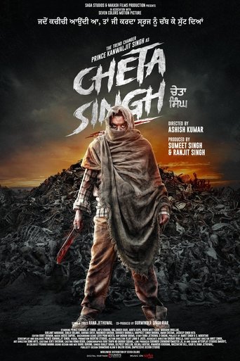 The poster features a rugged man in a tattered, earth-toned outfit standing amidst a desolate landscape under a dramatic sky. The title "Cheta Singh" is prominently displayed in bold, distressed typography. The overall mood is gritty and epic, with warm earth tones contrasting against the dark, s...