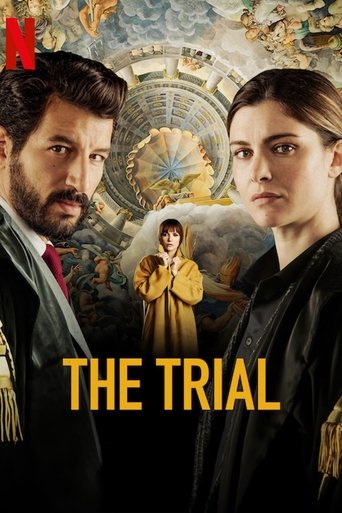 The poster features two men and a woman in dramatic poses against a backdrop of ornate, golden architecture. The warm golden and dark tones create a somber, mysterious atmosphere, suggesting a serious drama. The title "THE TRIAL" is prominently displayed in bold yellow letters at the bottom, emph...
