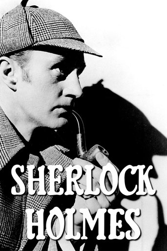 A black-and-white portrait of a man in a detective's cap, holding a pipe, with the bold text "SHERLOCK HOLMES" overlaid. The mood is mysterious and classic.