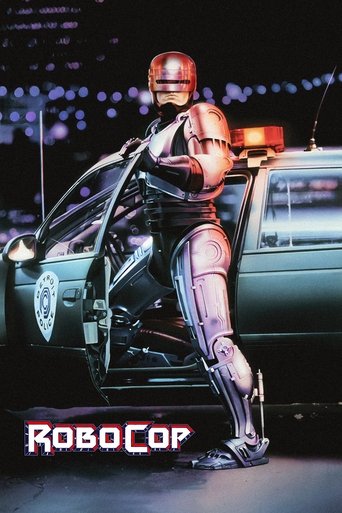 A gleaming robot stands confidently beside a sleek police car, illuminated by dramatic lighting against a dark, cityscape backdrop. The poster exudes a blend of futuristic elegance and gritty realism, capturing the essence of the film's blend of technology and law enforcement.