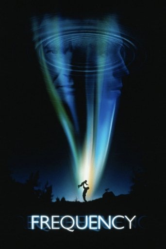 The poster features a silhouette of a person standing on a dark horizon, illuminated by beams of light from above. The colors are predominantly blue and green, creating a mysterious and ethereal atmosphere. The title "FREQUENCY" is prominently displayed at the bottom in bold white letters.