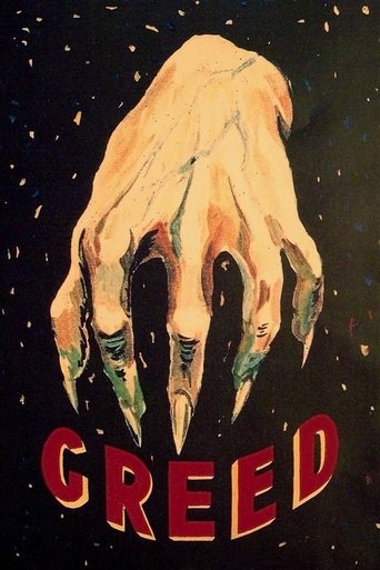 This poster features a menacing, pale hand with sharp, claw-like fingers against a starry black background. The word "GREED" is boldly displayed in red letters at the bottom, evoking themes of ambition and danger. The overall mood is dark and suspenseful, suggesting a horror or thriller genre.