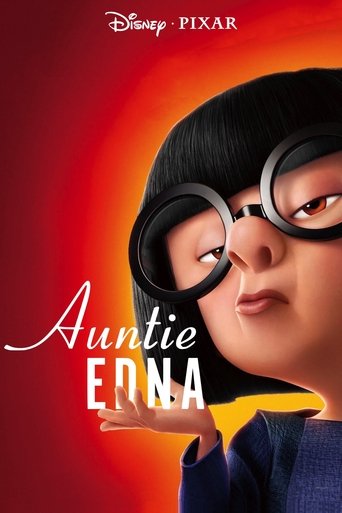 The poster features a young girl with dark hair and large black glasses, set against a vibrant red background. The title "Auntie Edna" is elegantly written in white script, while the Disney and Pixar logos are at the top. The overall mood is whimsical and playful, capturing the essence of the fil...
