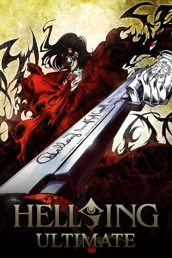 The poster features a dramatic scene with a dark-haired figure in a red cloak wielding a massive sword, surrounded by swirling black and red energy. The title "HELLING ULTIMATE" is prominently displayed at the bottom in bold, metallic lettering. The overall atmosphere is intense and supernatural,...