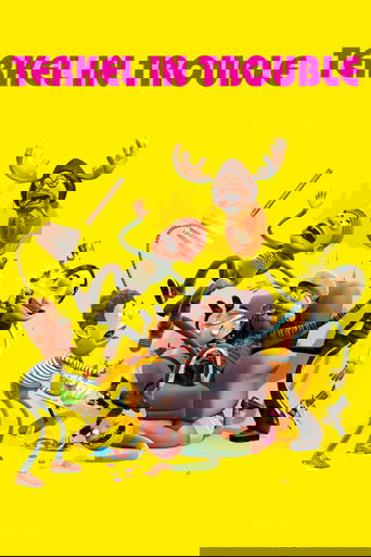 The poster features a chaotic scene with six animated characters in a yellow background, suggesting a comedic or absurd situation. The characters are depicted with exaggerated expressions and dynamic poses, conveying a sense of urgency and humor. The bold pink title text at the top emphasizes the...