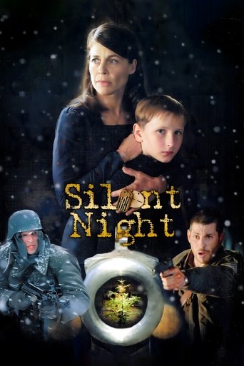 The poster features a dark, snowy night scene with a woman holding two children, evoking a sense of warmth and family. In the foreground, a glowing, metallic object emits a warm light, contrasting with the cool, wintry backdrop. The title "Silent Night" is prominently displayed in golden letters,...