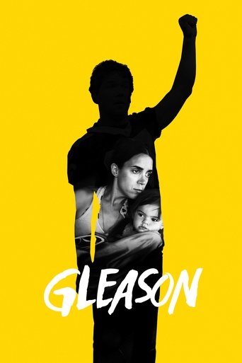 The poster features a silhouette of a person raising their arm against a vibrant yellow background, with a black-and-white image of a woman and child below. The bold white text "GLEASON" anchors the composition, conveying a sense of empowerment and drama.