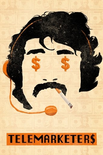 This poster features a stylized illustration of a man with a mustache and hair, wearing a headset with dollar signs on his face. The background is a textured beige, and the word "TELEMARKETERS" appears at the bottom in bold orange letters. The overall mood is humorous and slightly cynical, sugges...