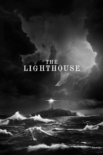 This black and white poster features a dramatic stormy sky with swirling clouds and a solitary lighthouse piercing the darkness. The turbulent ocean below adds to the ominous atmosphere, evoking a sense of mystery and suspense.