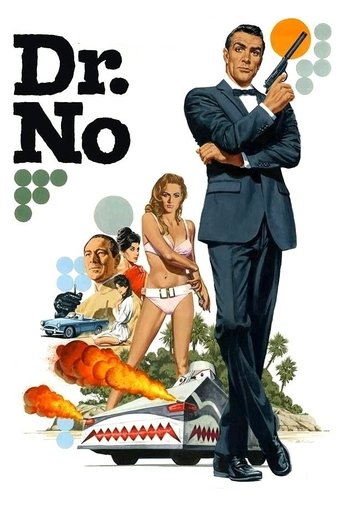 This movie poster for "Dr. No" features a man in a sharp suit holding a telescope, surrounded by surreal, cartoonish elements like a robot with a shark mouth, a woman in a bikini, and a man in a tank top. The vibrant colors and exaggerated characters create a whimsical, comedic atmosphere.