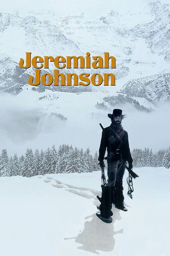 The poster features a lone figure in a dark coat and hat walking through a snowy landscape, with mountains in the background. The warm orange text "Jeremiah Johnson" stands out against the cool, white tones. The mood is mysterious and adventurous.