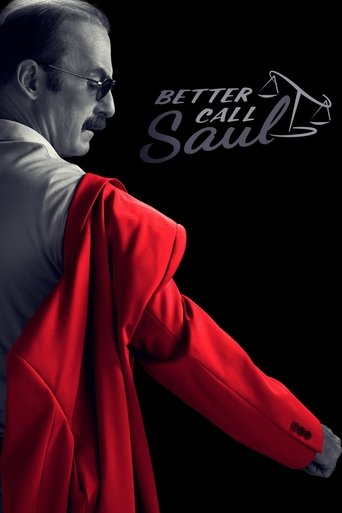The poster features a man in a red jacket against a black background, exuding mystery and authority. The tagline "Better Call Saul" is elegantly written in white, with a scale of justice symbol. The mood is dramatic and suspenseful, hinting at the show's high-stakes legal drama.