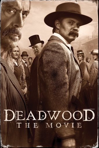 The poster features sepia-toned characters in a gritty, noir atmosphere. A man in a hat dominates the foreground, while others in period clothing fill the background. The muted browns and grays evoke a sense of tension and mystery, capturing the essence of the Deadwood era.