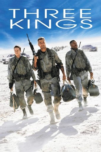 The poster features three soldiers in desert camouflage walking through a snowy landscape under a bright blue sky. The title "THREE KINGS" is prominently displayed at the top in bold white letters. The mood is adventurous and heroic, capturing the essence of a military expedition in a harsh envir...