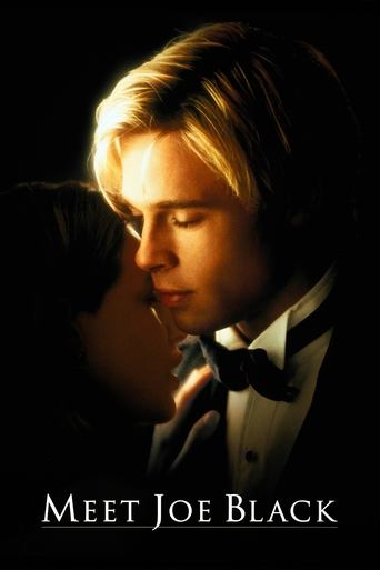 The poster features a close-up of Joe Black in a formal black tie, with a dark, moody background. The warm lighting highlights his face, creating an intimate and dramatic atmosphere. The title "Meet Joe Black" is prominently displayed at the bottom.