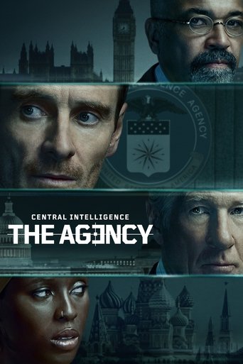 The poster features a dark, moody atmosphere with muted tones of blue and gray. It showcases four faces of actors in close-up, exuding mystery and intrigue. The title "The Agency" is prominently displayed in bold white letters, with "Central Intelligence" above it. The overall composition suggest...
