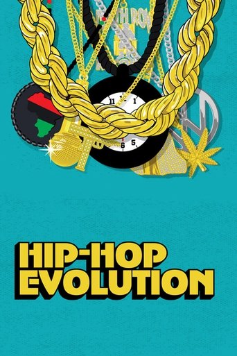 The poster features a vibrant teal background with bold yellow text reading "HIP-HOP EVOLUTION." At the top, golden ropes crisscross over a central black-and-white photo of a person in a suit, surrounded by colorful abstract shapes. The composition evokes a dynamic, energetic mood, suggesting a c...