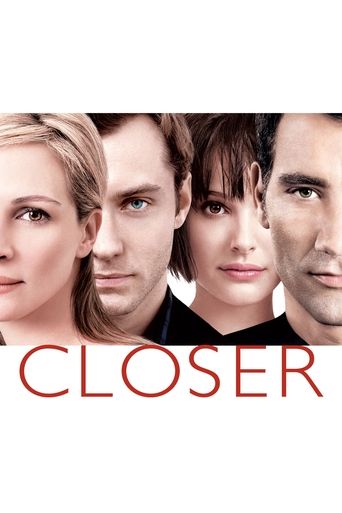 The poster features four characters with intense, serious expressions against a stark white background. The bold red text "CLOSER" dominates the bottom, suggesting drama and intrigue. The composition conveys a sense of mystery and emotional depth.