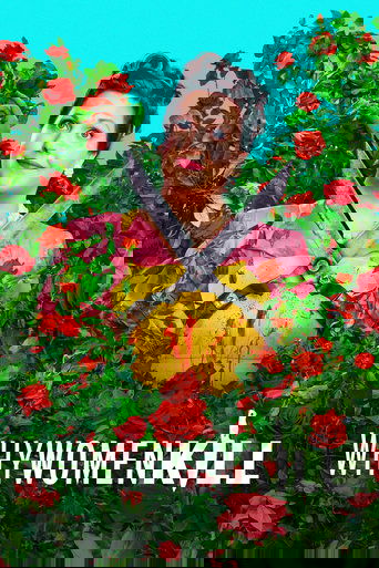 The poster features a woman with dark hair and a cheerful expression, surrounded by vibrant red roses and green foliage. A pair of large scissors dominates the center, symbolizing the show's theme of women killing each other. The bright colors and playful composition convey a lighthearted yet dar...