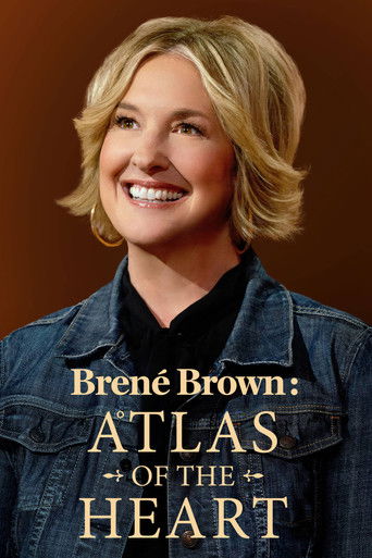 The poster features a smiling blonde woman in a denim jacket against a warm brown background. The title "Atlas of the Heart" is prominently displayed in elegant gold lettering. The mood is uplifting and inviting, capturing the essence of Brené Brown's inspirational journey.