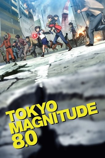 The poster depicts a chaotic scene with people running across a cracked, icy surface, suggesting destruction and urgency. The vibrant yellow text "TOKYO MAGNITUDE 8.0" dominates the foreground, conveying the magnitude of the disaster. The overall mood is intense and dramatic, capturing the scale ...