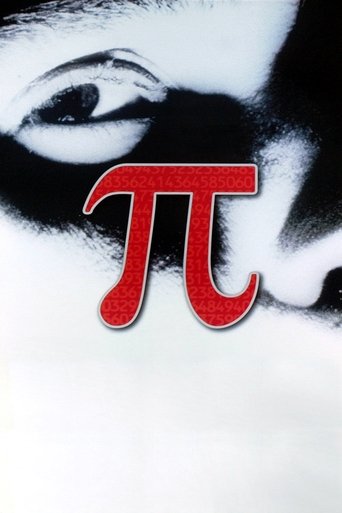 The poster features a close-up of a man's face with a striking red pi symbol prominently displayed. The monochromatic design with high contrast creates a mysterious and intense mood.