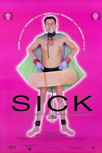 The poster features a man in a green shirt and black shorts, surrounded by a pink background. The word "SICK" is prominently displayed in large black letters. The overall mood is dark and mysterious, evoking a sense of supernatural or supernatural horror.