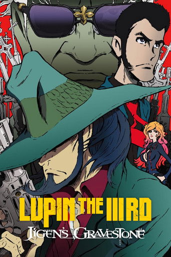 The poster features Lupin the Third in a green hat, with a mysterious figure looming behind him. The colors are vibrant, with deep greens, reds, and blues creating a dramatic atmosphere. The mood is mysterious and adventurous, hinting at a thrilling tale of intrigue and danger.