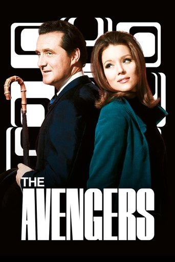 The poster features a man in a dark suit and a woman in a teal coat, standing side by side against a black background. The title "THE AVENGERS" is prominently displayed in bold white letters at the bottom. The overall mood is dramatic and mysterious, with the characters exuding confidence and rea...