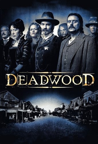 The poster features a group of rugged, weathered men in dark clothing against a moody, sepia-toned backdrop. The title "DEADWOOD" glows in gold lettering, evoking a gritty, noir atmosphere. The scene captures the essence of a classic Western with a somber, mysterious tone.