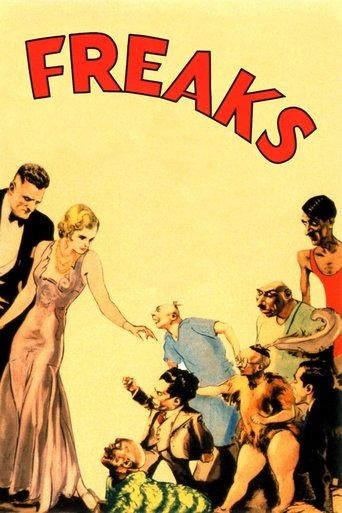 This vintage movie poster for "Freaks" features a group of diverse characters in a dramatic, comedic scene. The poster uses bold red lettering against a warm, yellow background to create a striking visual. The mood is playful and humorous, capturing the essence of classic 1930s cinema.