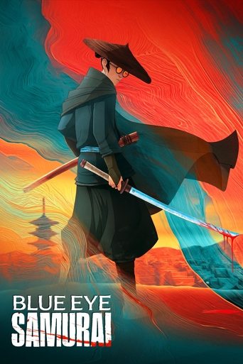 The poster features a samurai in traditional attire wielding a katana against a dramatic backdrop of swirling reds and oranges. The character exudes strength and determination, while the Japanese-style architecture in the distance adds cultural depth. The bold title "BLUE EYE SAMURAI" anchors the...
