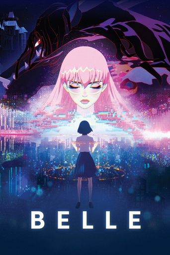 The poster features a striking anime-style girl with pink hair and a dark dress, standing in front of a mysterious, shadowy figure. The background is filled with vibrant colors—neon blues, purples, and pinks—creating an ethereal, magical atmosphere. The title "BELLE" is prominently displayed at t...