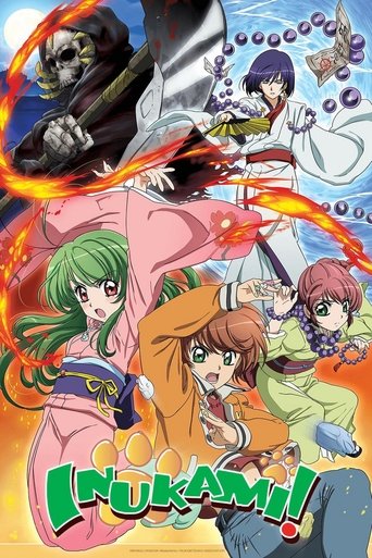 This vibrant anime poster for "Inukami!" features dynamic characters in colorful outfits, with intense expressions and energy-filled backgrounds. The bright orange and green hues create a lively atmosphere, while the dramatic poses and swirling effects convey excitement and adventure.