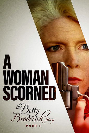 The poster features a split image of a woman with blonde hair, her face partially obscured by a gun held in her hand. The bold black text "A WOMAN SCORNE" dominates the left side, while the title "The Betty Broderick Story" appears in elegant script below. The muted tones and dramatic lighting ev...