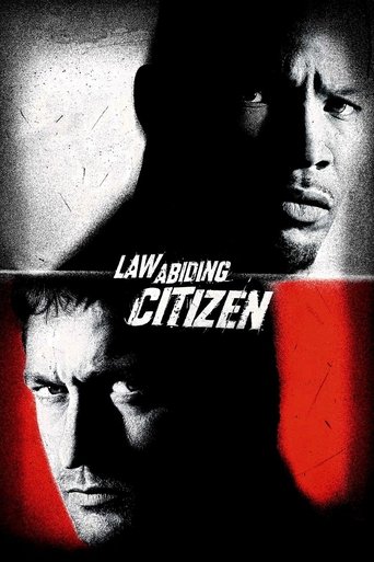 The poster features two men in shadowy tones against a stark red background, evoking a noir atmosphere. The title "Law Abiding Citizen" is prominently displayed in bold white letters, emphasizing the film's gritty legal drama.