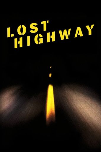 The poster features a dark, mysterious scene with a bright, glowing road sign in the center, evoking a sense of adventure and mystery. The title "LOST HIGHWAY" is prominently displayed in bold, yellow letters against the black background. The overall mood is suspenseful and intriguing, promising ...