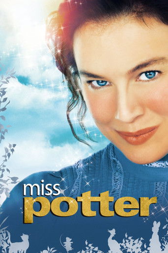The poster features a close-up of a woman with striking blue eyes and dark hair, set against a dreamy blue sky with snowflakes. The title "Miss Potter" is prominently displayed in bold, golden letters. The overall mood is magical and enchanting, suggesting a fantasy adventure.