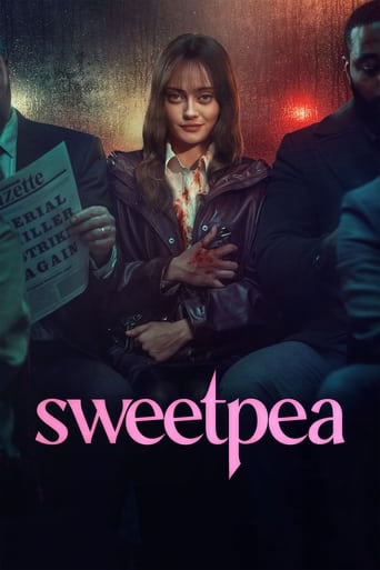 The poster features a woman in a leather jacket holding a newspaper with the title "Sweetpea" prominently displayed. The scene is dimly lit with warm tones, creating an intimate and slightly mysterious atmosphere. The background suggests a tense or dramatic setting, possibly a courtroom or interr...