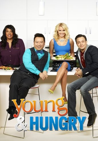 The poster features five characters in a bright, modern kitchen with white walls and black countertops. The characters are dressed in colorful outfits—purple, blue, and black—creating a vibrant contrast against the clean, minimalist background. The title "Young & Hungry" is prominently displayed ...
